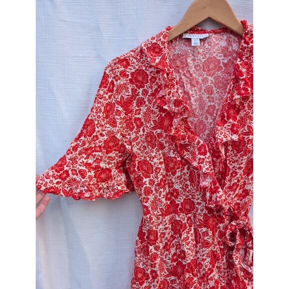 Topshop Womens Wrap Mini Dress 8 ruffle Red Floral Flutter Sleeve Feminine Boho - Picture 2 of 9